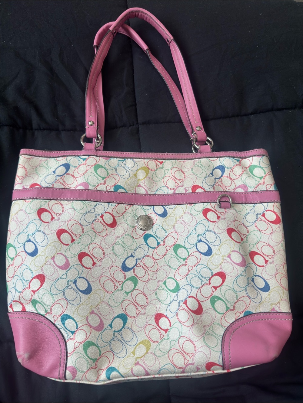 Coach Multicolor Signature C Tote with Pink Trim